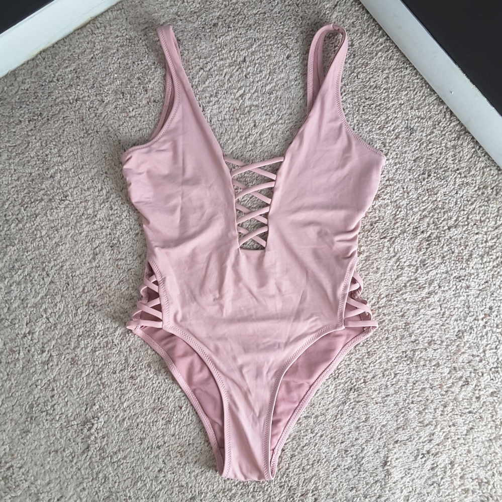 COASTAL WAVES Pink Laceup Plunge Swimsuit Size XS